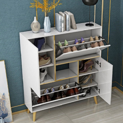 HMR - Modern 17-Pair Shoe Storage Cabinet with 2 Doors and Shelves and Pull-Down Drawers in White