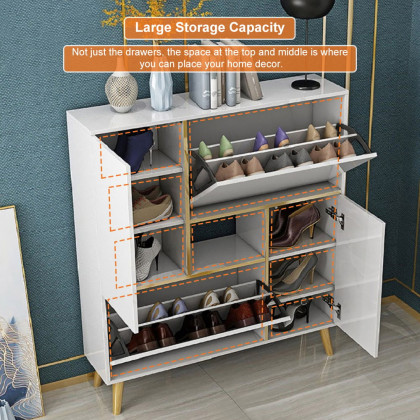 HMR - Modern 17-Pair Shoe Storage Cabinet with 2 Doors and Shelves and Pull-Down Drawers in White