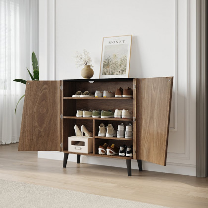 HMR - Entryway Shoe Storage Cabinet with 2 Doors and 5 Shelves (for 14 Pairs) in Walnut