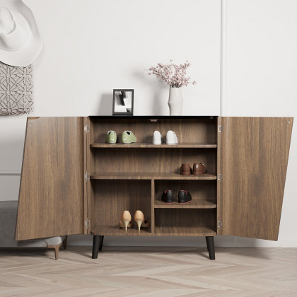 HMR - Entryway Shoe Storage Cabinet with 2 Doors and 5 Shelves (for 14 Pairs) in Walnut