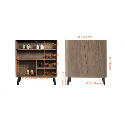 HMR - Entryway Shoe Storage Cabinet with 2 Doors and 5 Shelves (for 14 Pairs) in Walnut