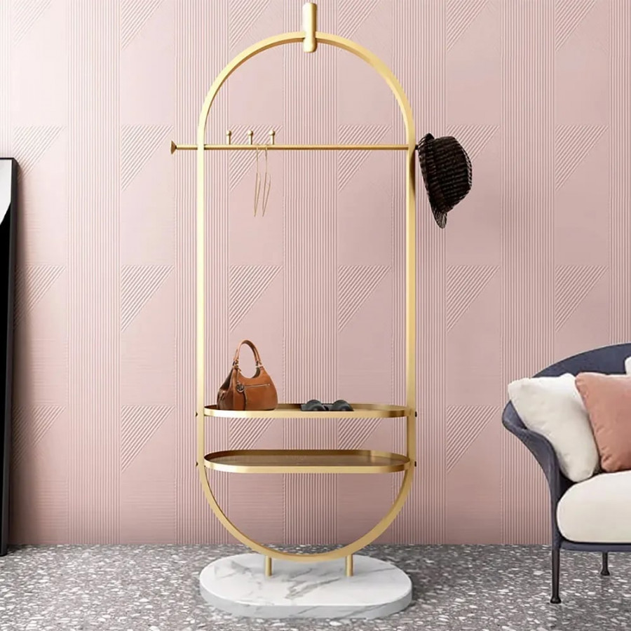 HMR - Oval Garment Rack with 2-Tier Shelves and Faux Marble Base in Gold