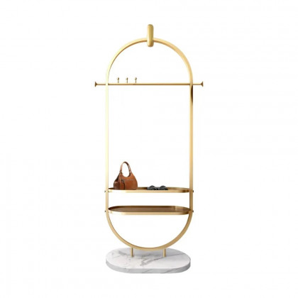 HMR - Oval Garment Rack with 2-Tier Shelves and Faux Marble Base in Gold