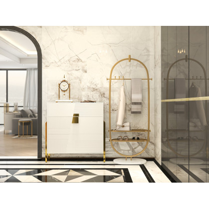 HMR - Oval Garment Rack with 2-Tier Shelves and Faux Marble Base in Gold