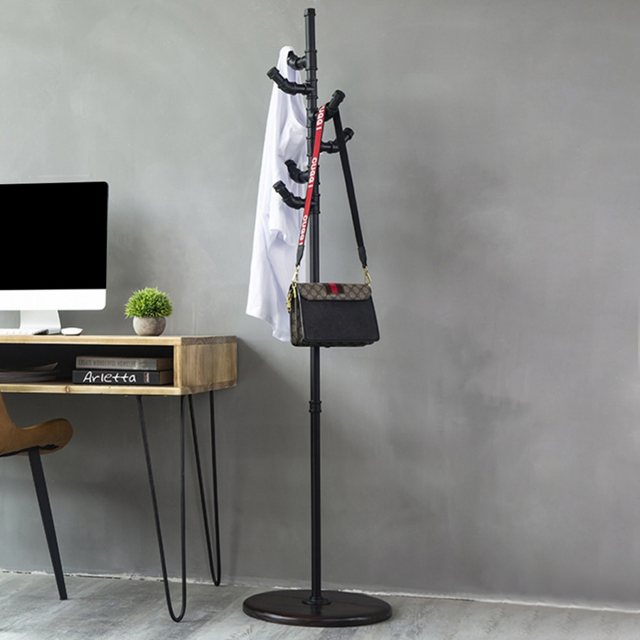 HMR - Industrial Metal Freestanding Coat Rack with 6 Hooks 63.8" in Black