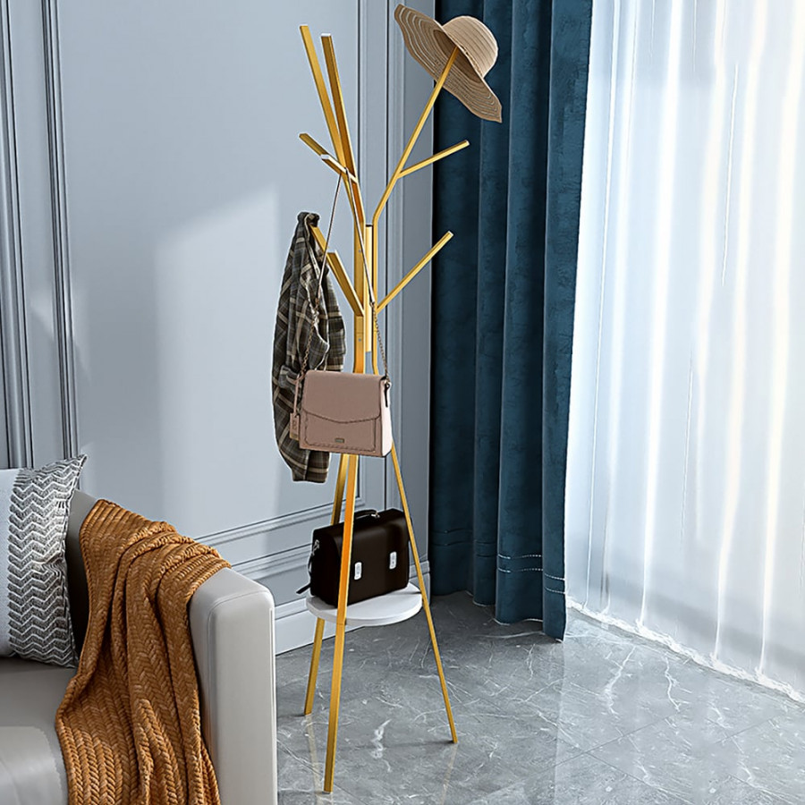 HMR - Modern Freestanding Coat Rack with Shelf Marble Base 70.9" in Gold