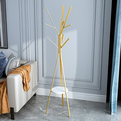 HMR - Modern Freestanding Coat Rack with Shelf Marble Base 70.9" in Gold