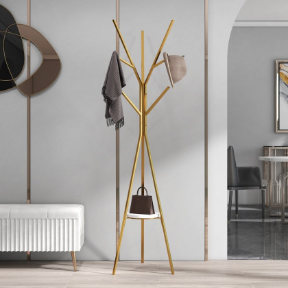 HMR - Modern Freestanding Coat Rack with Shelf Marble Base 70.9" in Gold