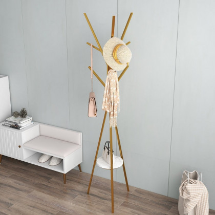 HMR - Modern Freestanding Coat Rack with Shelf Marble Base 70.9" in Gold