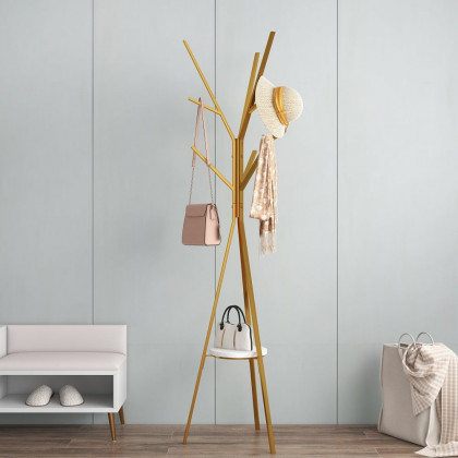 HMR - Modern Freestanding Coat Rack with Shelf Marble Base 70.9" in Gold