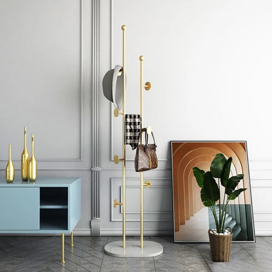 HMR - Modern Chic Metal Freestanding Coat Rack with Rail Marble Base 66" in Gold