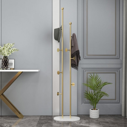 HMR - Modern Chic Metal Freestanding Coat Rack with Rail Marble Base 66" in Gold