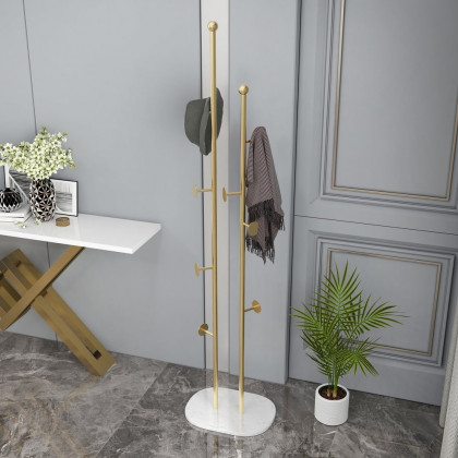 HMR - Modern Chic Metal Freestanding Coat Rack with Rail Marble Base 66" in Gold