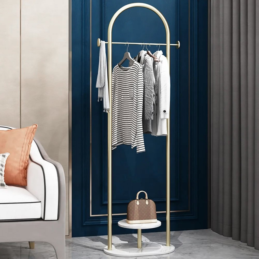 HMR - Small Metal Garment Rack with Shelves and Faux Marble Base in Gold