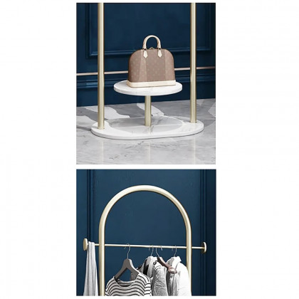 HMR - Small Metal Garment Rack with Shelves and Faux Marble Base in Gold