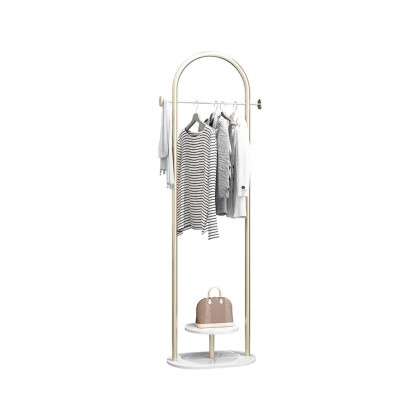 HMR - Small Metal Garment Rack with Shelves and Faux Marble Base in Gold