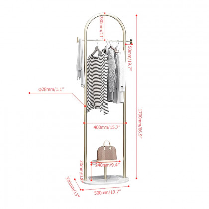 HMR - Small Metal Garment Rack with Shelves and Faux Marble Base in Gold