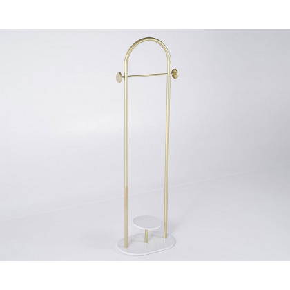 HMR - Small Metal Garment Rack with Shelves and Faux Marble Base in Gold