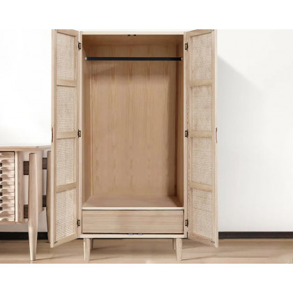 HMR - 2-Door Rattan with Hidden Drawer Woven Cabinet in Ash