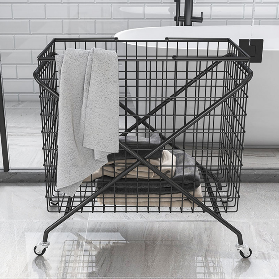 HMR - Collapsible Metal Laundry Hamper on Wheels in Black