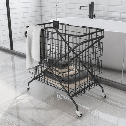HMR - Collapsible Metal Laundry Hamper on Wheels in Black