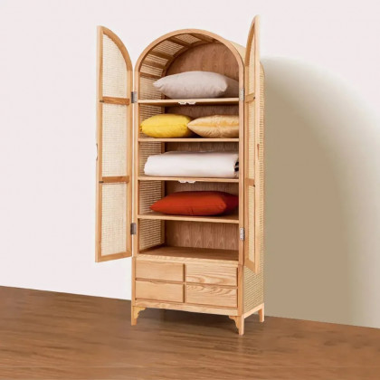 HMR - Rattan Armoire Wardrobe with 2 Doors and 4 Drawers in 78.7"H, Natural