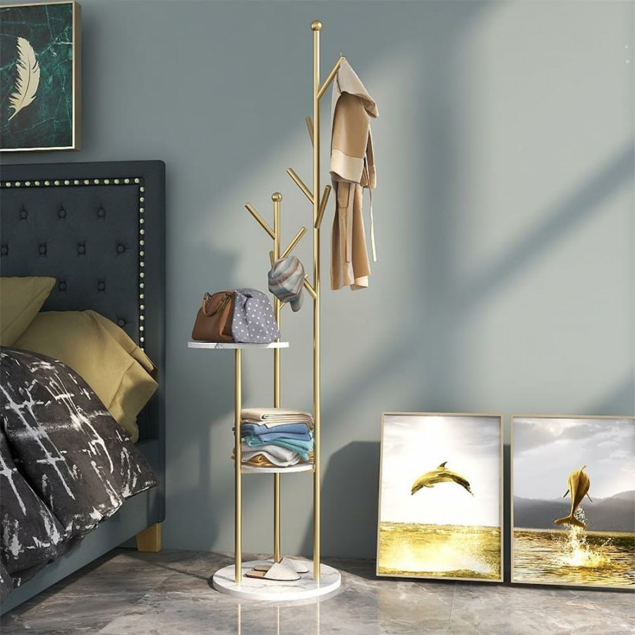 HMR - Modern Entryway Standing Coat Rack with 9 Hooks and 2 Shelves in Gold