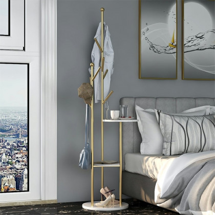HMR - Modern Entryway Standing Coat Rack with 9 Hooks and 2 Shelves in Gold