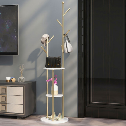 HMR - Modern Entryway Standing Coat Rack with 9 Hooks and 2 Shelves in Gold