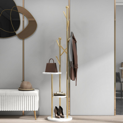 HMR - Modern Entryway Standing Coat Rack with 9 Hooks and 2 Shelves in Gold