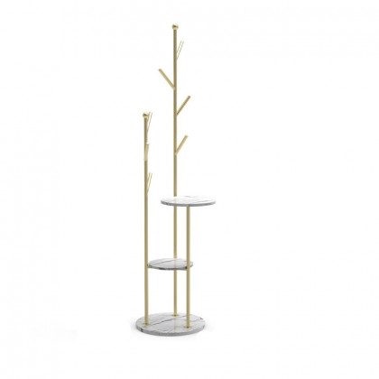 HMR - Modern Entryway Standing Coat Rack with 9 Hooks and 2 Shelves in Gold