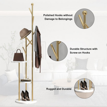 HMR - Modern Entryway Standing Coat Rack with 9 Hooks and 2 Shelves in Gold