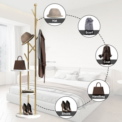 HMR - Modern Entryway Standing Coat Rack with 9 Hooks and 2 Shelves in Gold