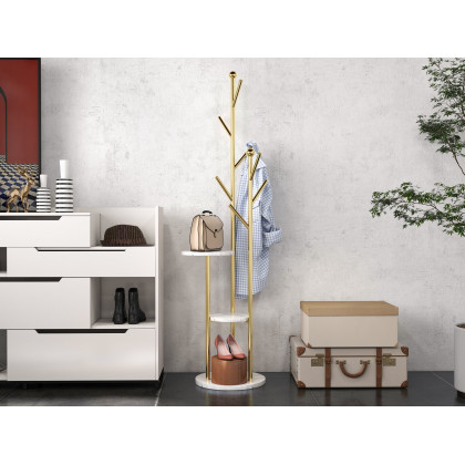 HMR - Modern Entryway Standing Coat Rack with 9 Hooks and 2 Shelves in Gold