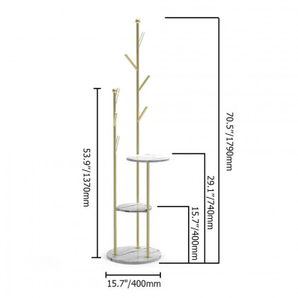 HMR - Modern Entryway Standing Coat Rack with 9 Hooks and 2 Shelves in Gold