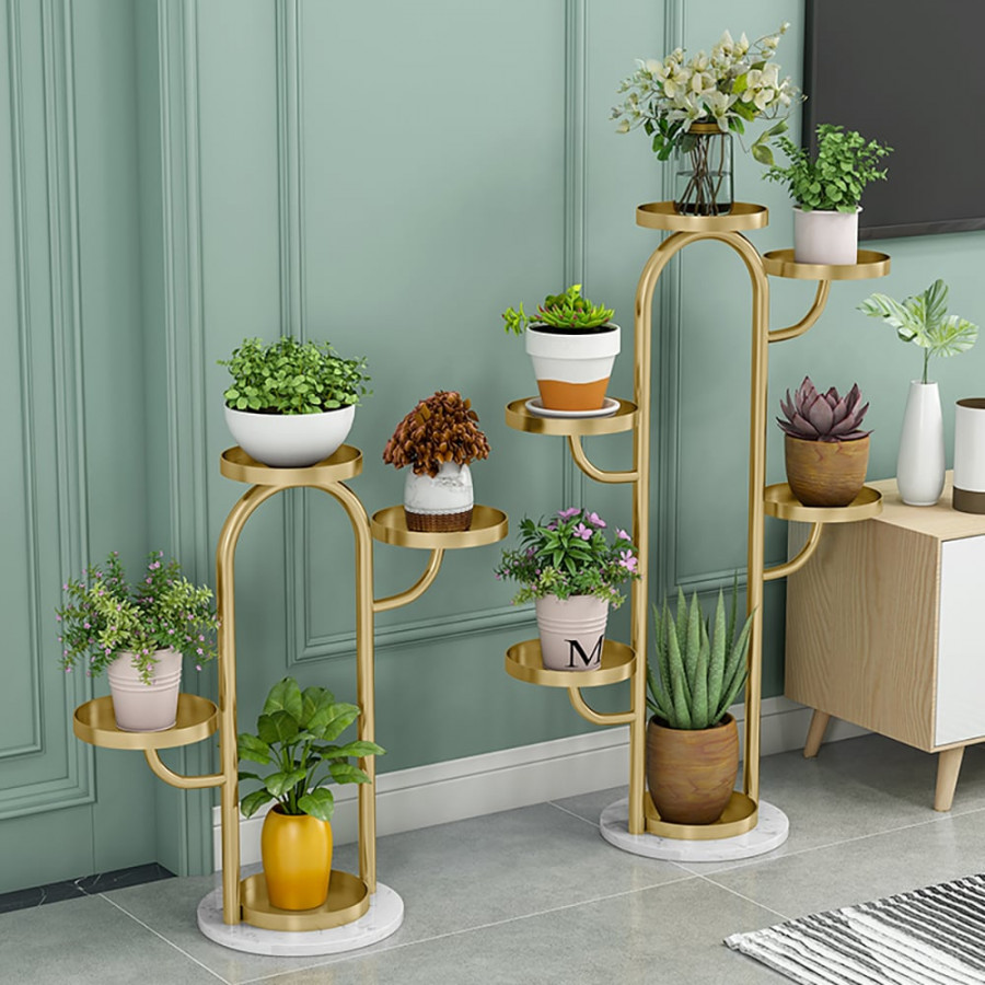 HMR - 25"/37" Modern Tree-Shaped 4/6-Tiered Plant Stand (Set of 2) in Gold