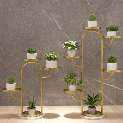 HMR - 25"/37" Modern Tree-Shaped 4/6-Tiered Plant Stand (Set of 2) in Gold