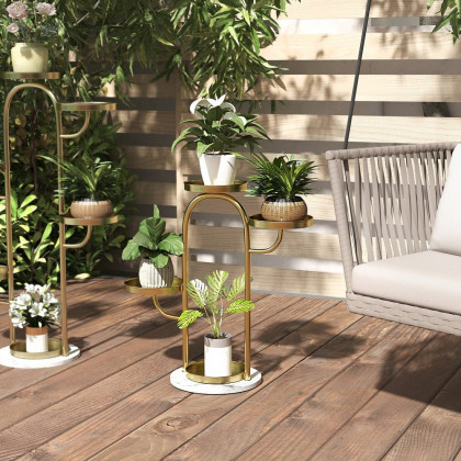 HMR - 25"/37" Modern Tree-Shaped 4/6-Tiered Plant Stand (Set of 2) in Gold