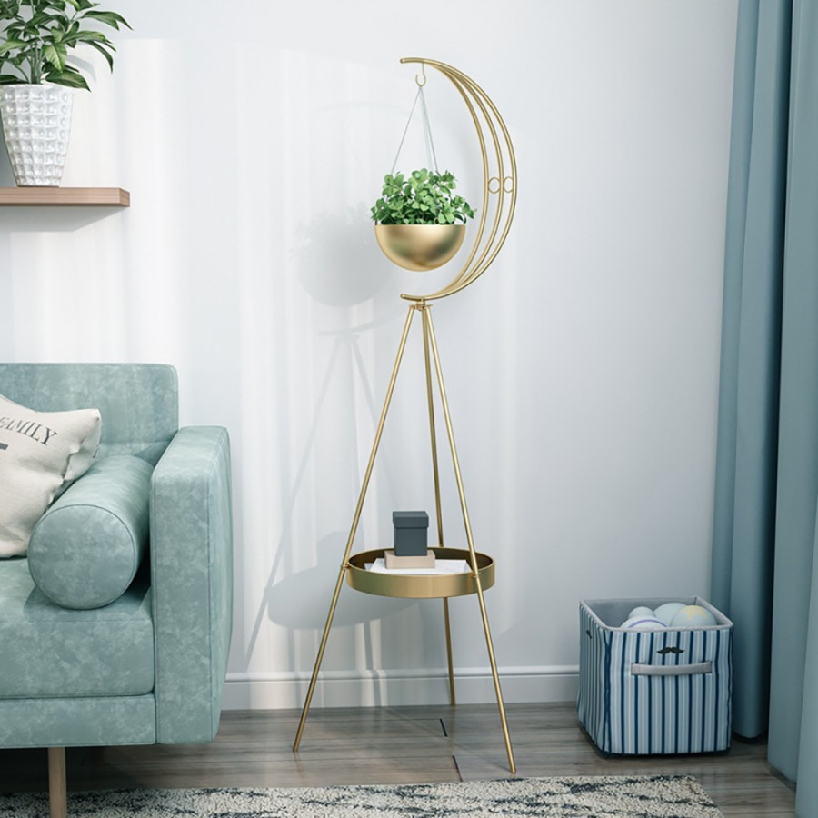 HMR - Half-Moon Plant Stand with Shelf in Gold