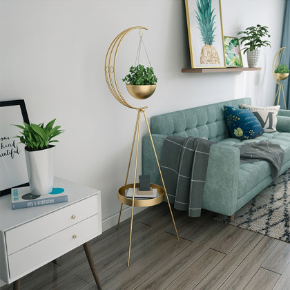 HMR - Half-Moon Plant Stand with Shelf in Gold