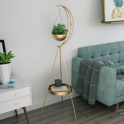 HMR - Half-Moon Plant Stand with Shelf in Gold