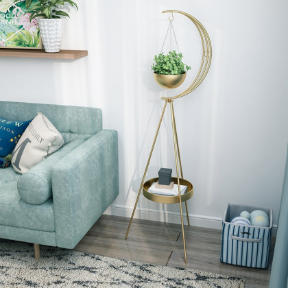 HMR - Half-Moon Plant Stand with Shelf in Gold
