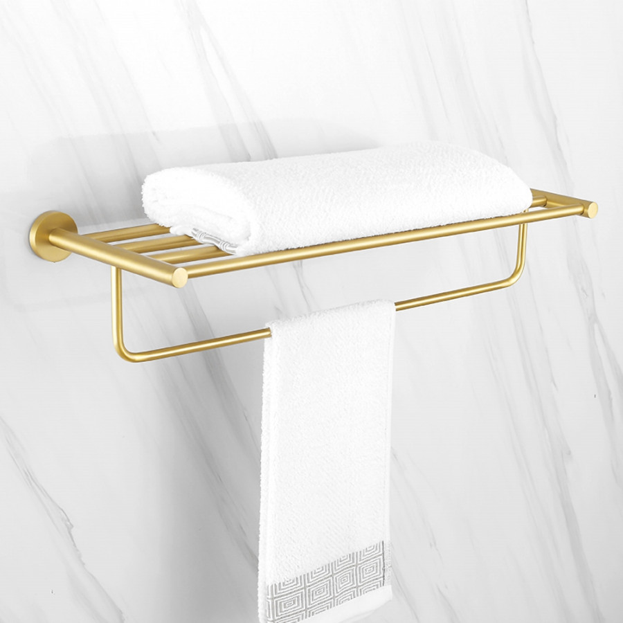 HMR - 24" Wall-Mounted Brass Bathroom Shelf with Towel Rack in Brushed Gold