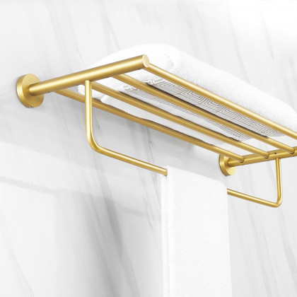 HMR - 24" Wall-Mounted Brass Bathroom Shelf with Towel Rack in Brushed Gold
