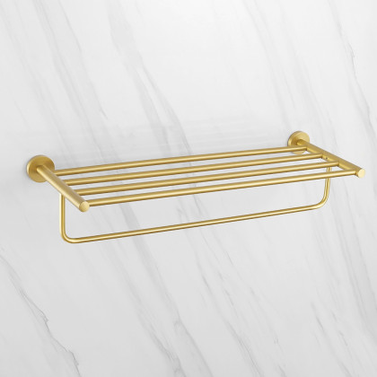HMR - 24" Wall-Mounted Brass Bathroom Shelf with Towel Rack in Brushed Gold