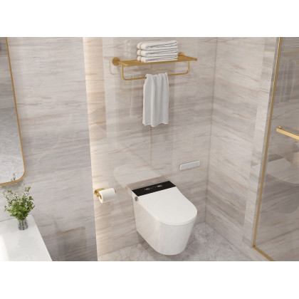 HMR - 24" Wall-Mounted Brass Bathroom Shelf with Towel Rack in Brushed Gold
