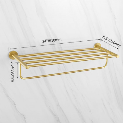 HMR - 24" Wall-Mounted Brass Bathroom Shelf with Towel Rack in Brushed Gold