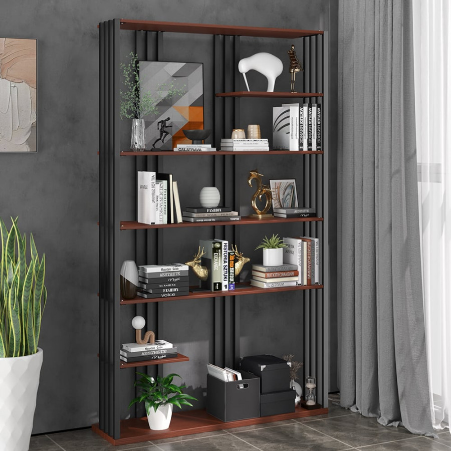 HMR Modern Etagere Bookshelf with 6-Shelf - Black/Walnut