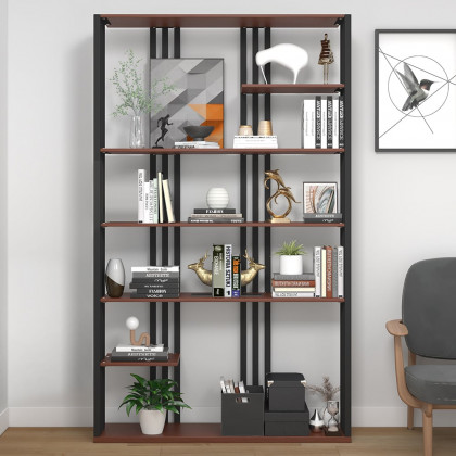 HMR Modern Etagere Bookshelf with 6-Shelf - Black/Walnut