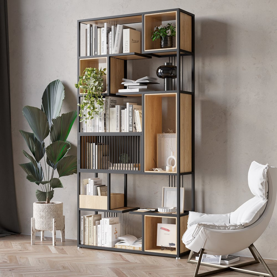 HMR - 78" Geometric Bookcase 6-Tier in Natural and Black